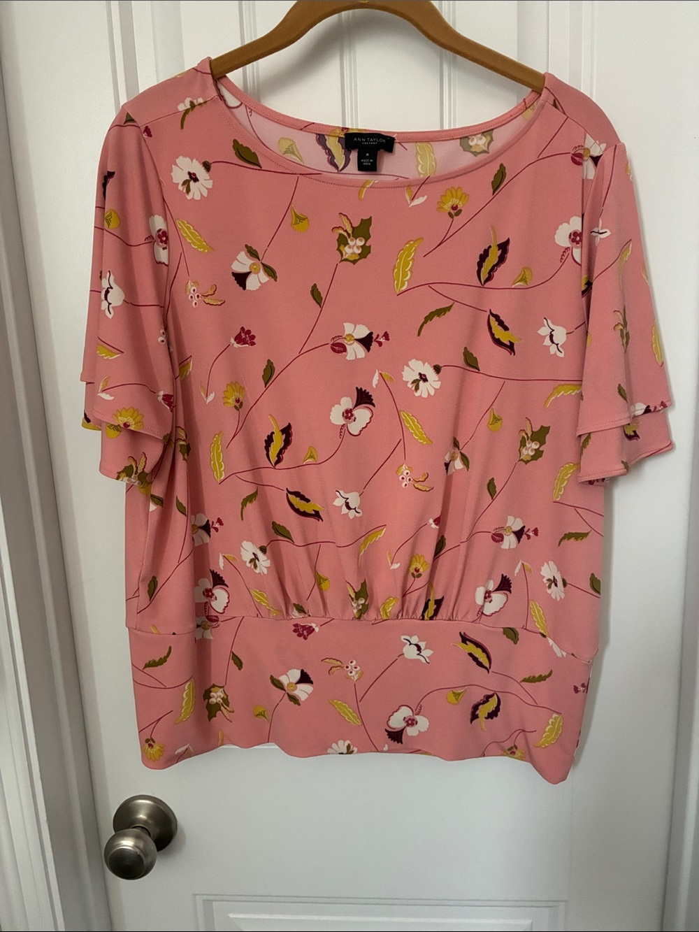 Ann Taylor Pink Floral Flutter-Sleeve Blouse